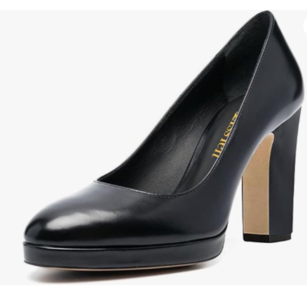 miss left Black Low Platform Chunky High Heel Slip On Closed Round Toe Pump